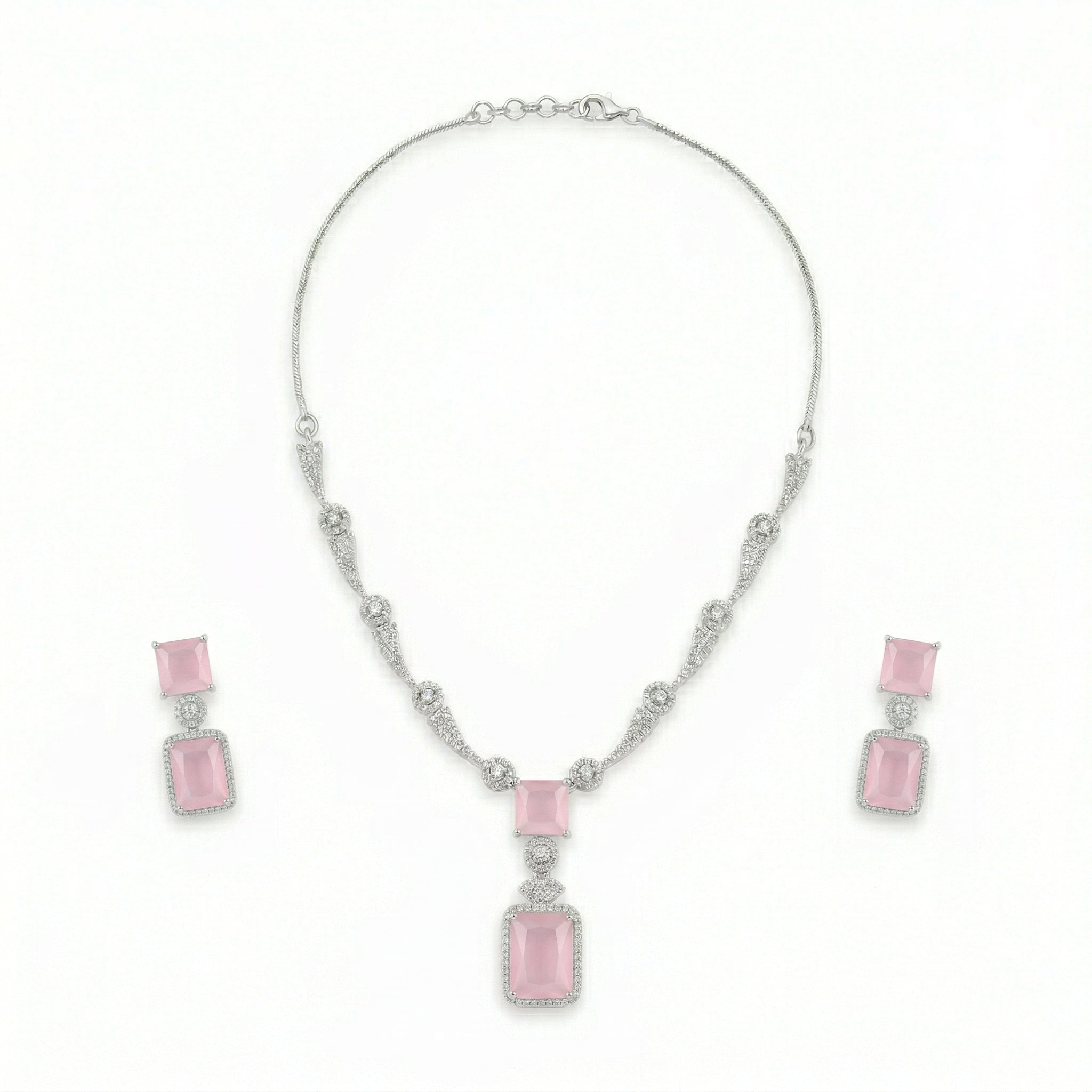 Regal Geometry American Diamond Necklace Set (Rhodium Plated)