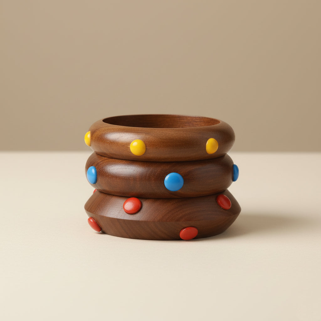 EarthBeat – Sheesham Wood Bangles with Color Beads (Set of 3)