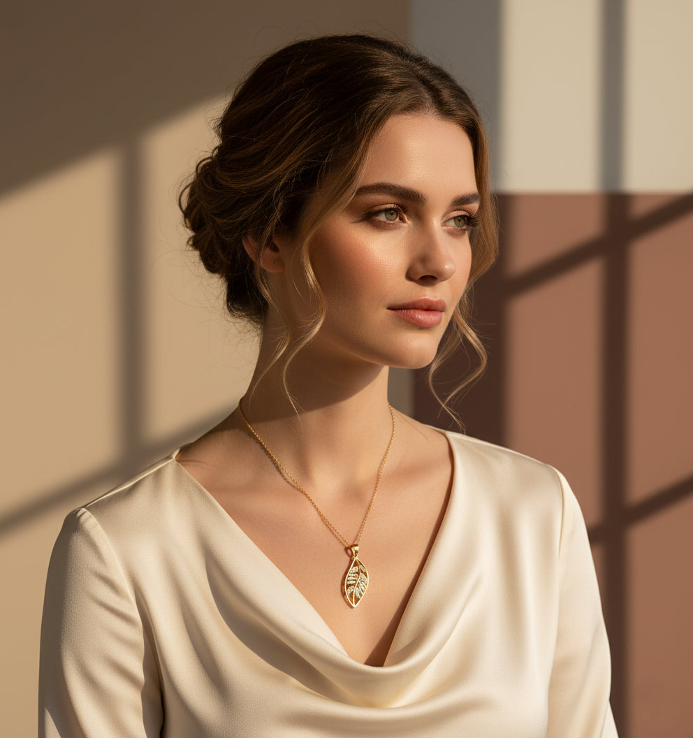 Leaf Luxe – Crystal Vein Pendant Necklace