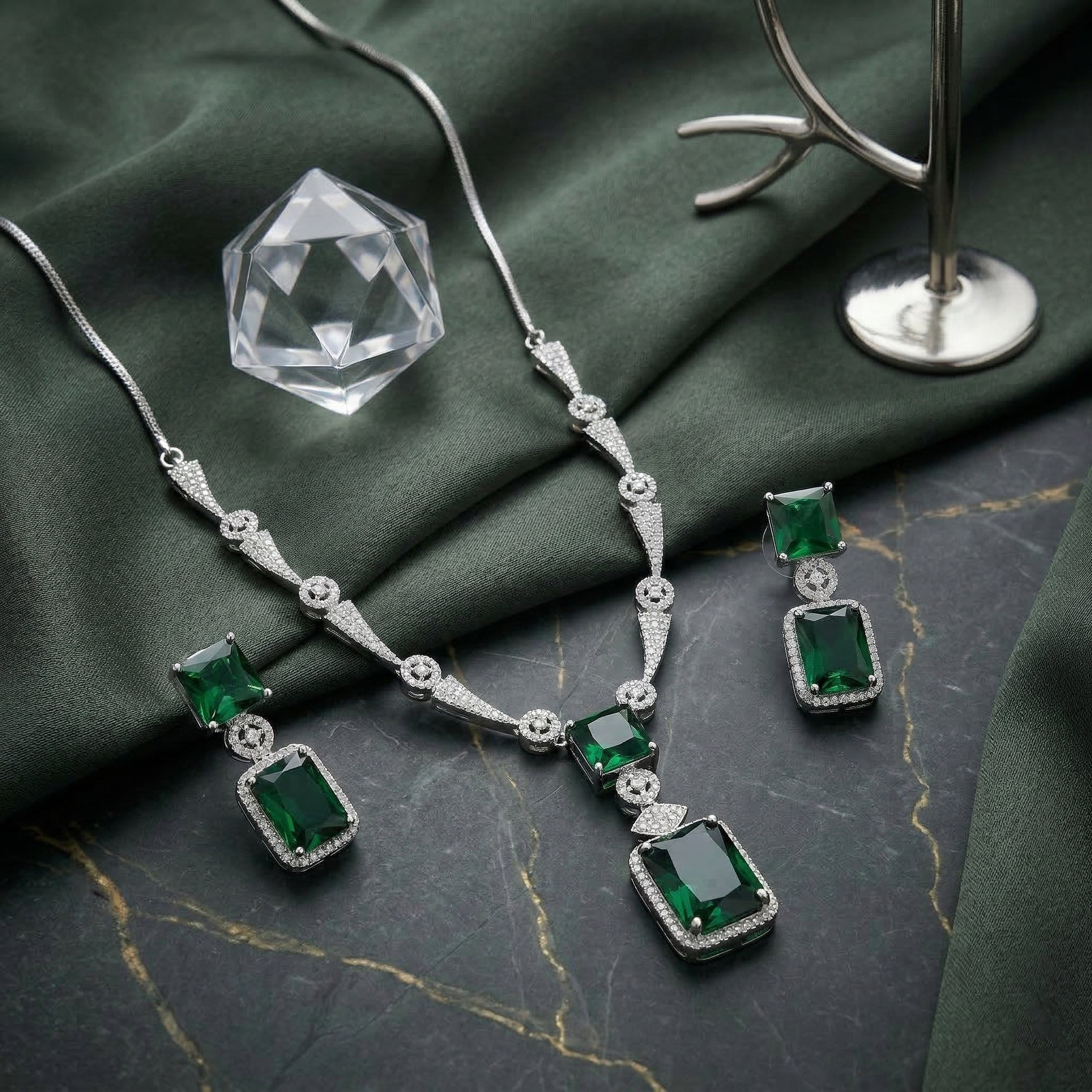 Regal Geometry American Diamond Necklace Set (Rhodium Plated)