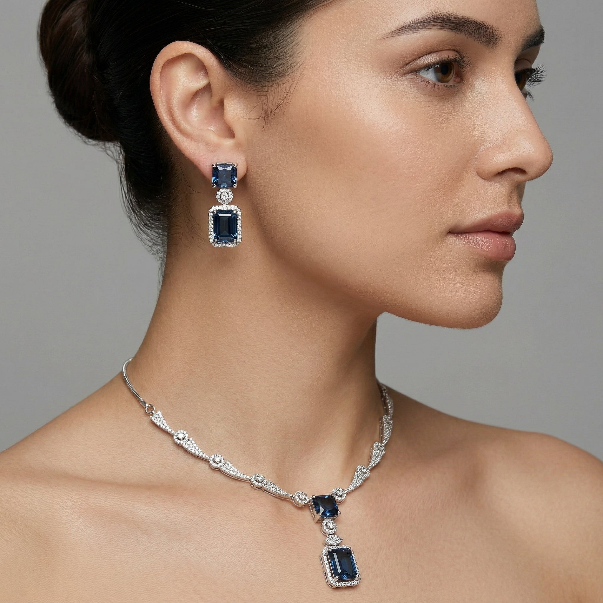 Regal Geometry American Diamond Necklace Set (Rhodium Plated)