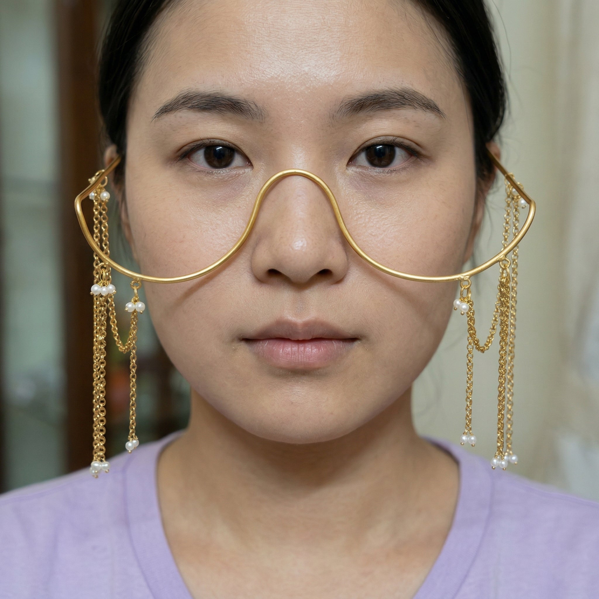 Minimalist Pearl Chain Facelet | Gold Plated Brass Nose Bridge Face Jewellery | Avant-Garde Statement Accessory