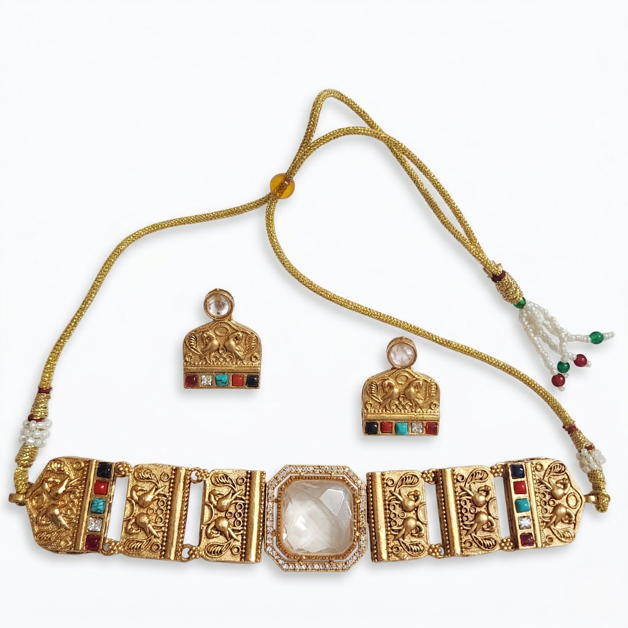 Gold Plated Brass Choker Necklace Set with Natural Russian Stone & Multicolour Semi-Precious Stones | Mughal-Inspired Heritage Jewellery Set for Women