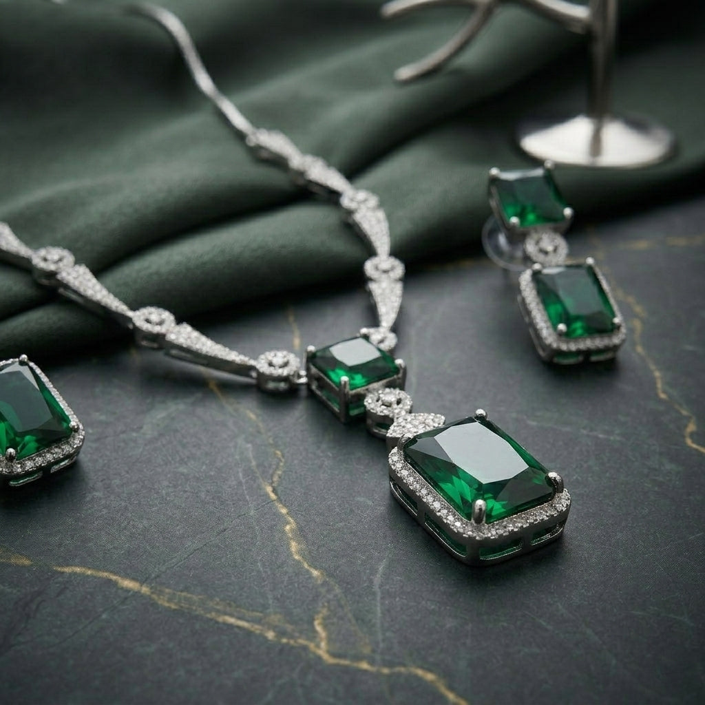 Regal Geometry American Diamond Necklace Set (Rhodium Plated)