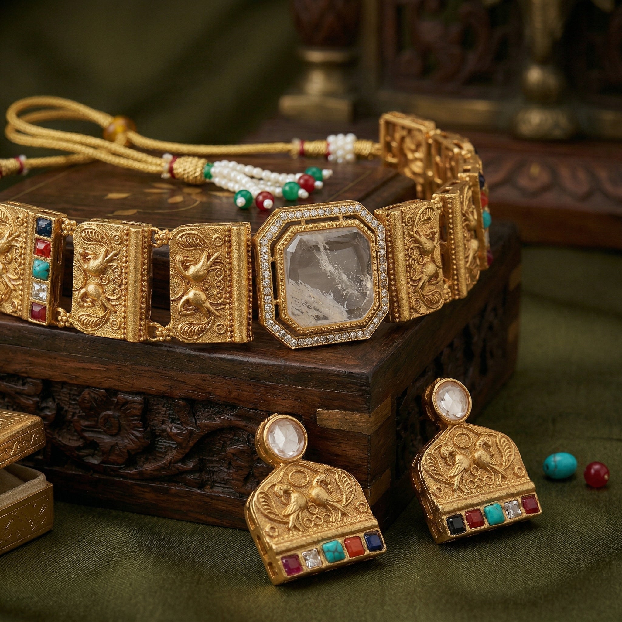 Gold Plated Brass Choker Necklace Set with Natural Russian Stone & Multicolour Semi-Precious Stones | Mughal-Inspired Heritage Jewellery Set for Women