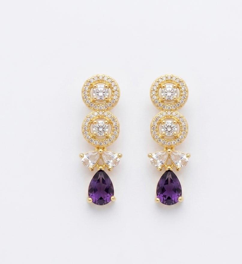 Purple AAA American Diamond Necklace & Earrings Set | Brass Rhodium Plated | Floral Choker Collar | Bridal & Party Jewellery