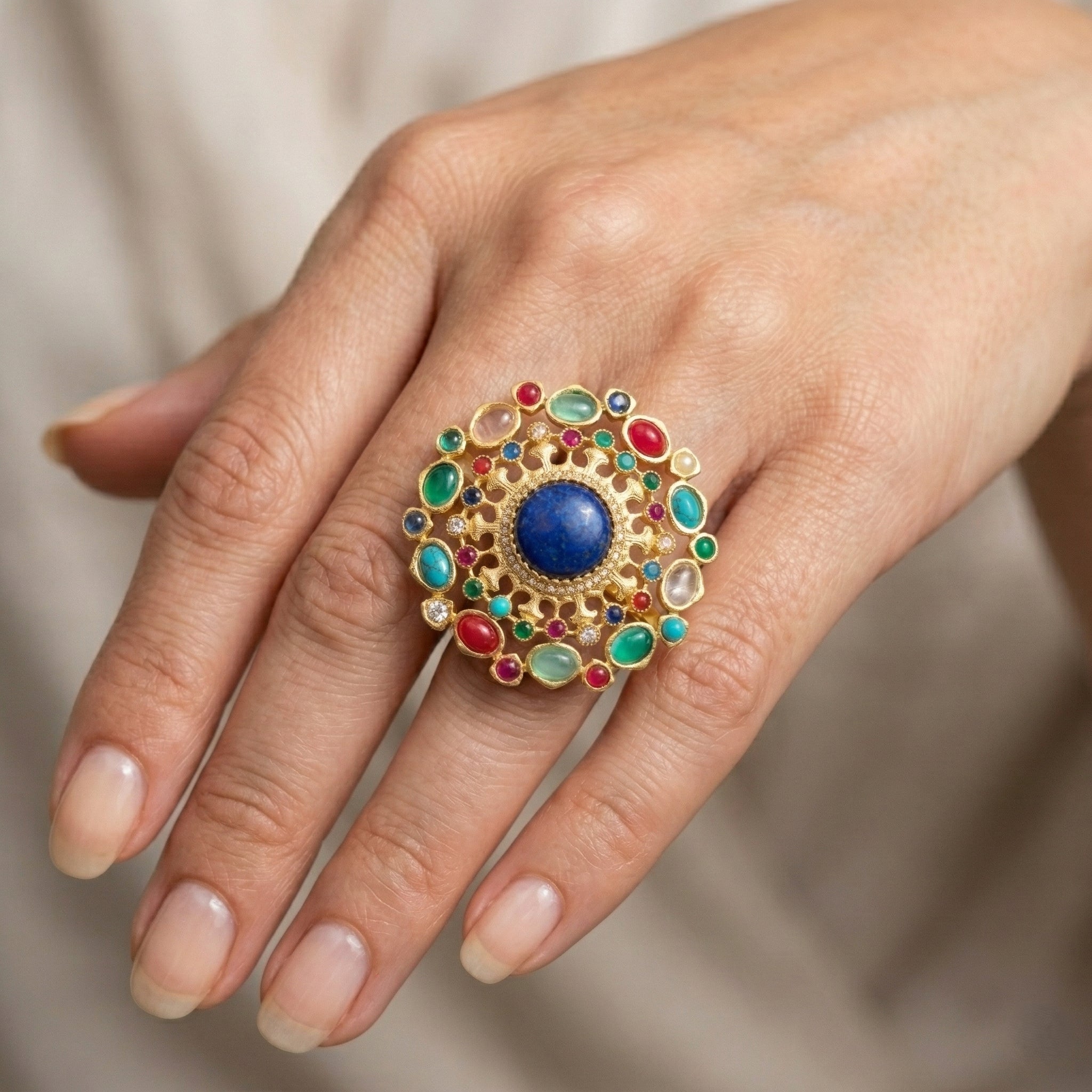 Gold Plated Brass Cocktail Ring with Lapis Lazuli & Multicolour Cabochon Stones | Mughal-Inspired Statement Ring