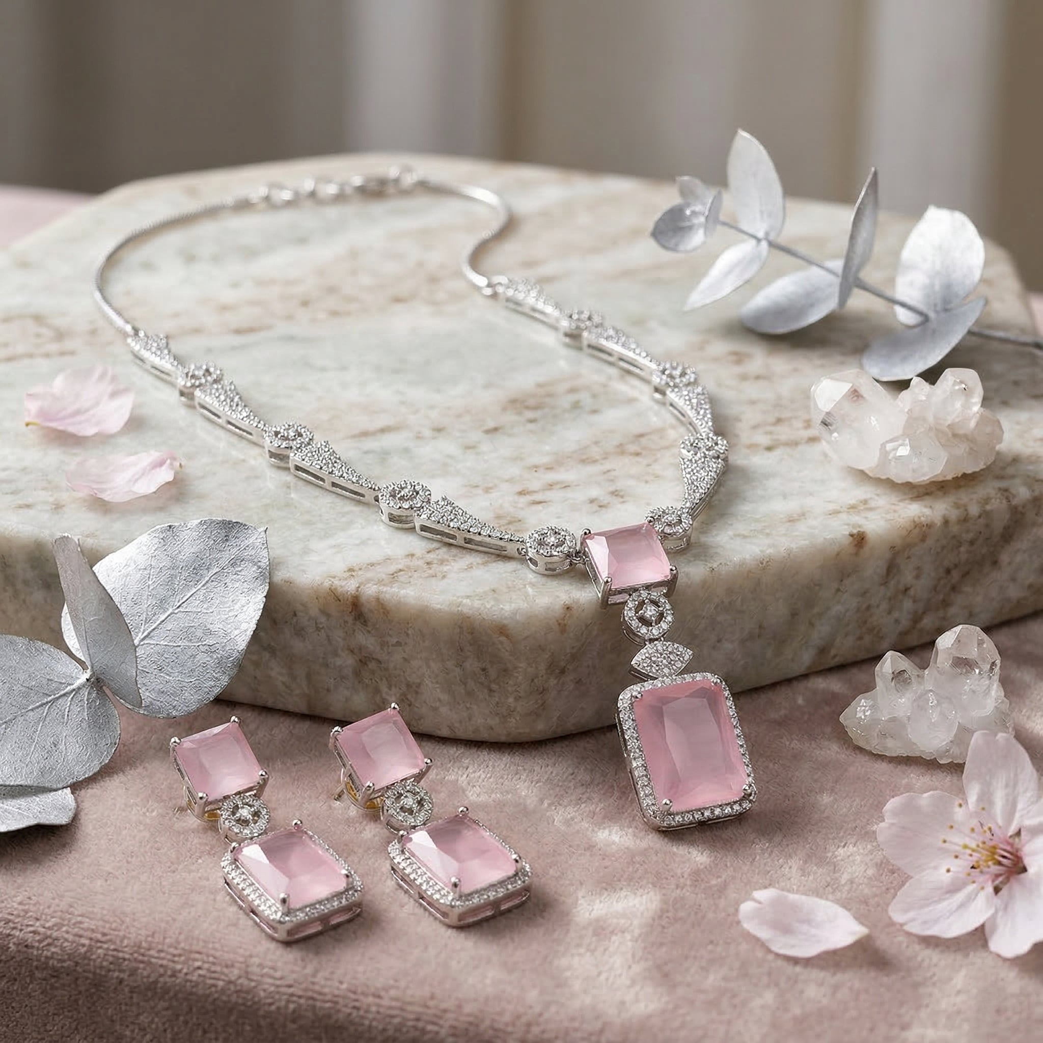 Regal Geometry American Diamond Necklace Set (Rhodium Plated)