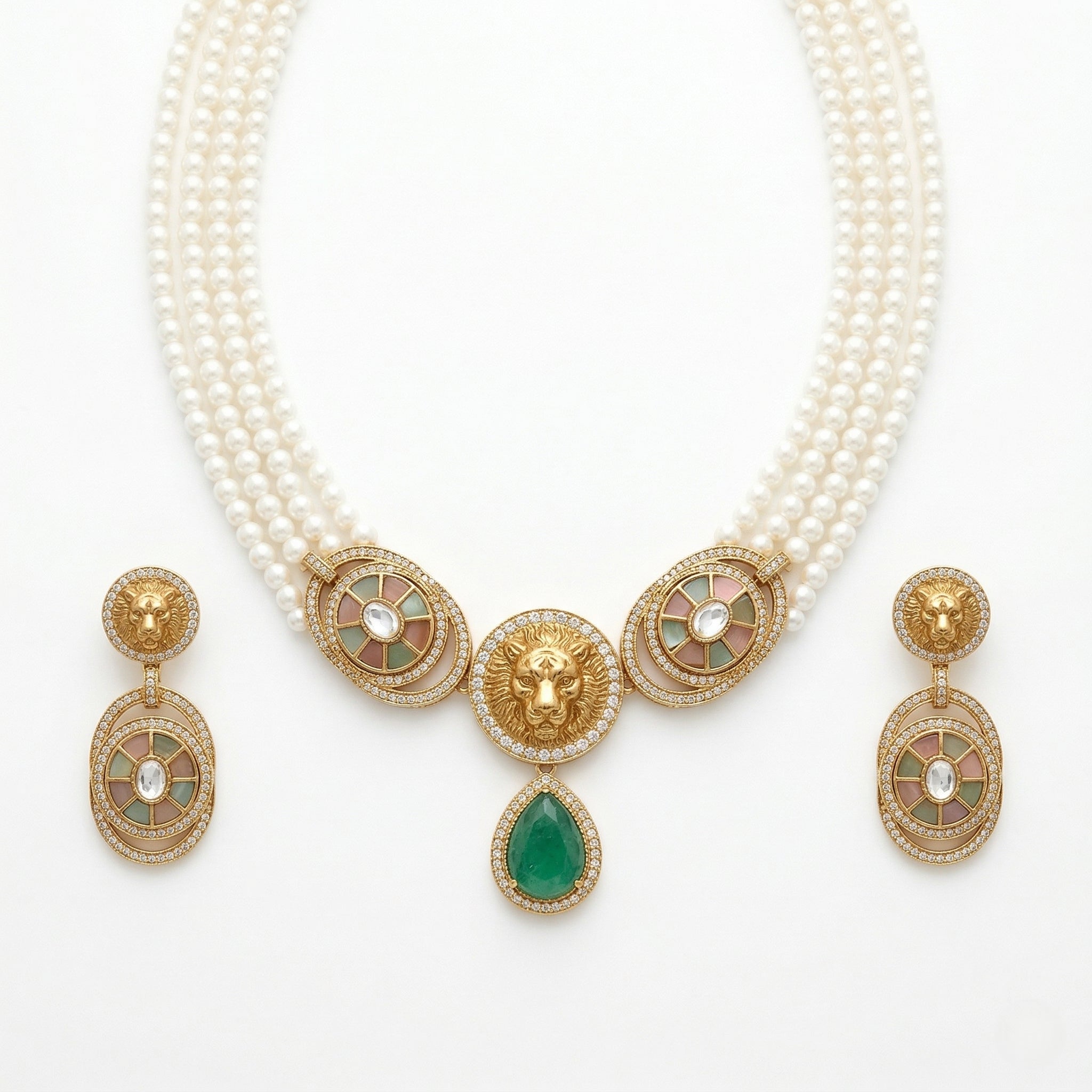 Royal Crest Pearl & American Diamond Necklace Set (Rhodium Plated)