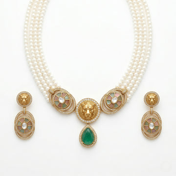 Royal Crest Pearl & American Diamond Necklace Set (Rhodium Plated)
