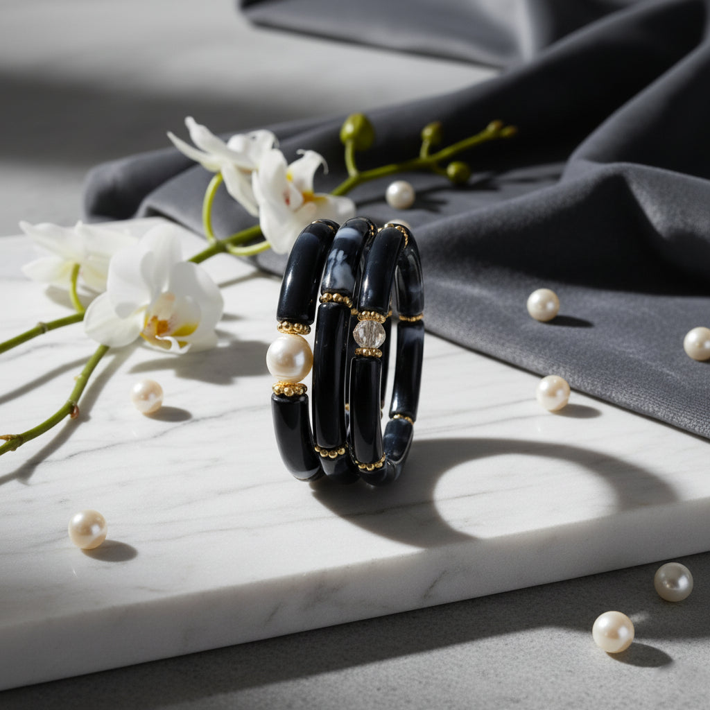 Marble Muse – Acrylic Pearl Accent Bangle Set (Free Size)