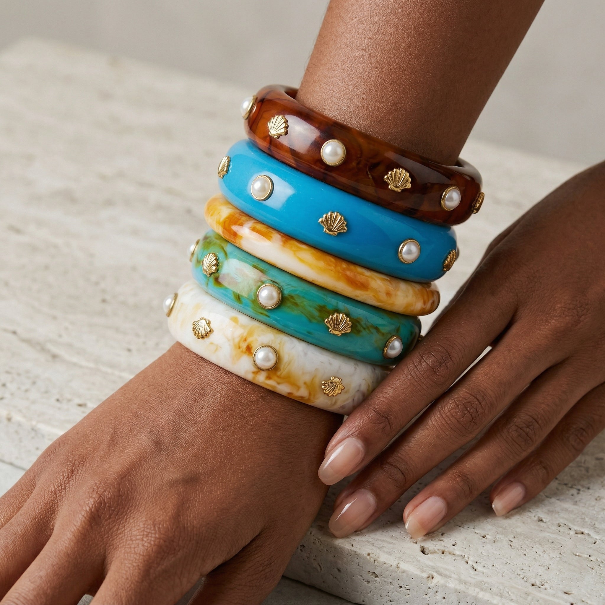 Resin Bangle Stack of 5 with Gold-Tone Seashell Charms & Faux Pearl Studs | Coastal Boho Bracelet Set for Women — Teal, White, Tortoiseshell, Peach & Sky Blue