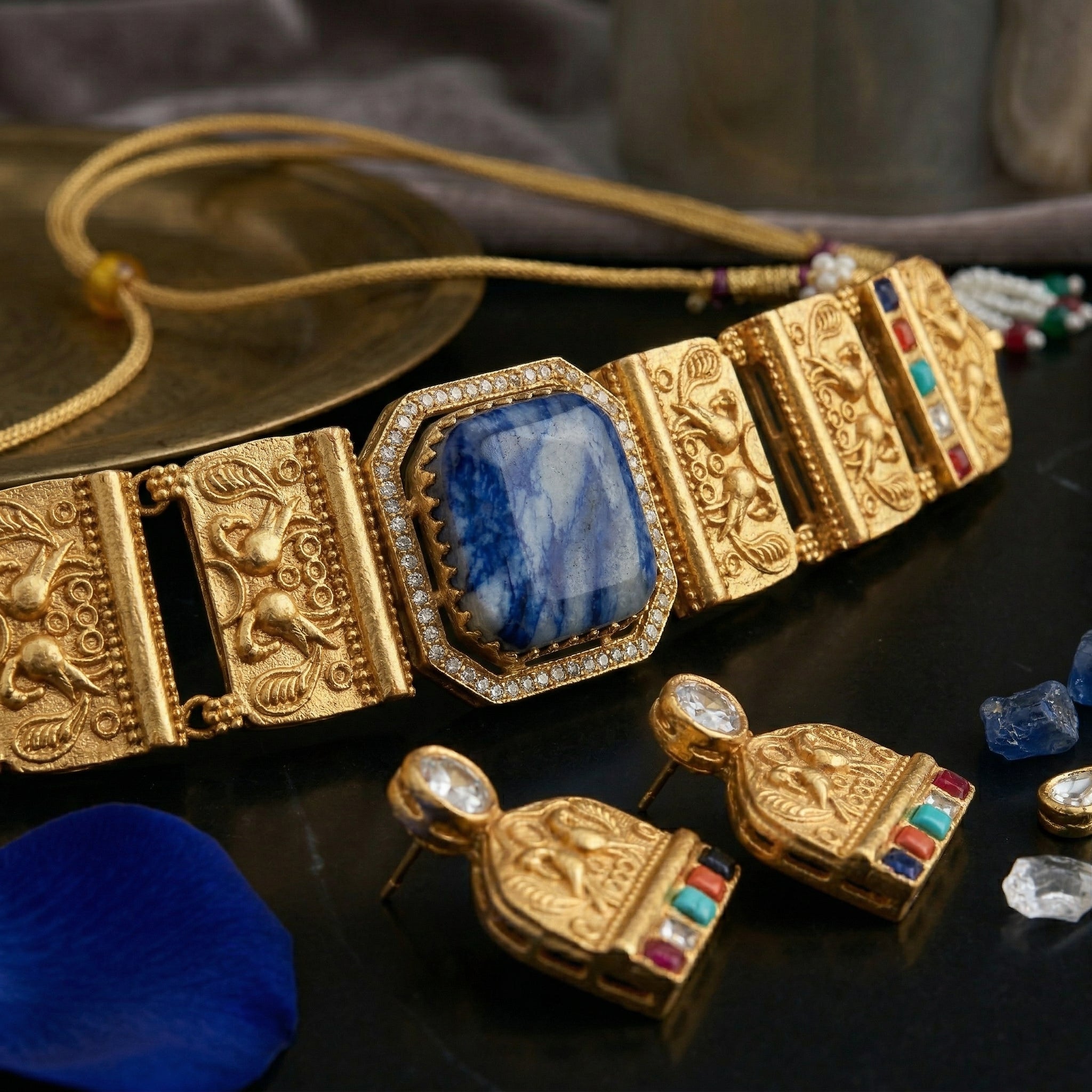 Gold Plated Brass Choker Necklace Set with Natural Russian Stone & Multicolour Semi-Precious Stones | Mughal-Inspired Heritage Jewellery Set for Women