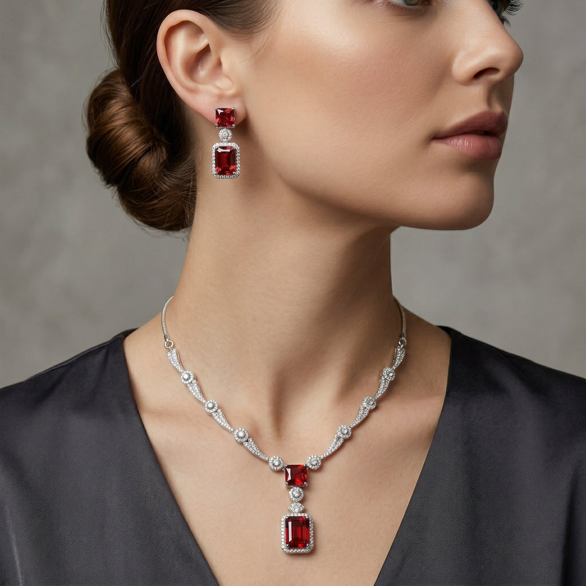 Regal Geometry American Diamond Necklace Set (Rhodium Plated)