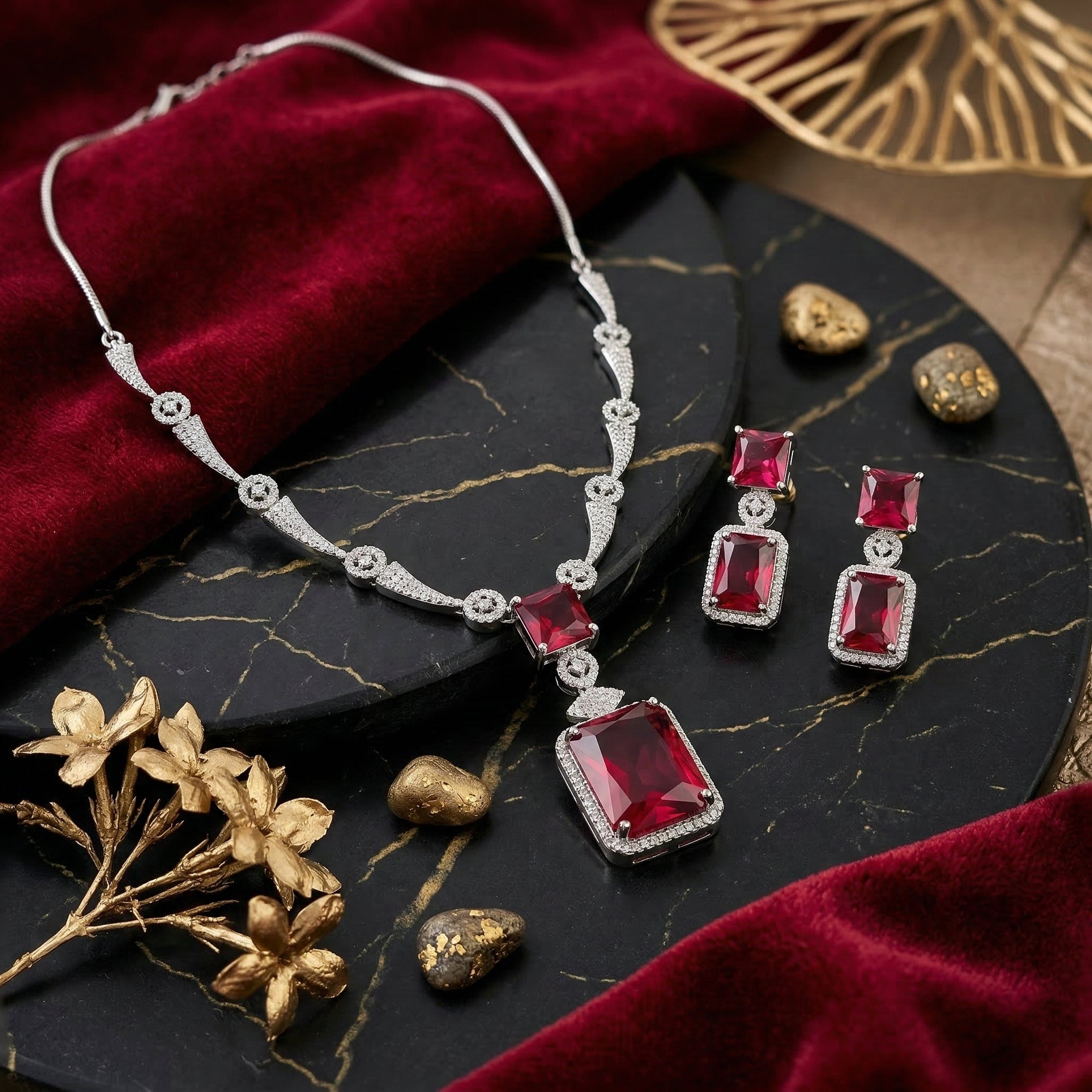 Regal Geometry American Diamond Necklace Set (Rhodium Plated)