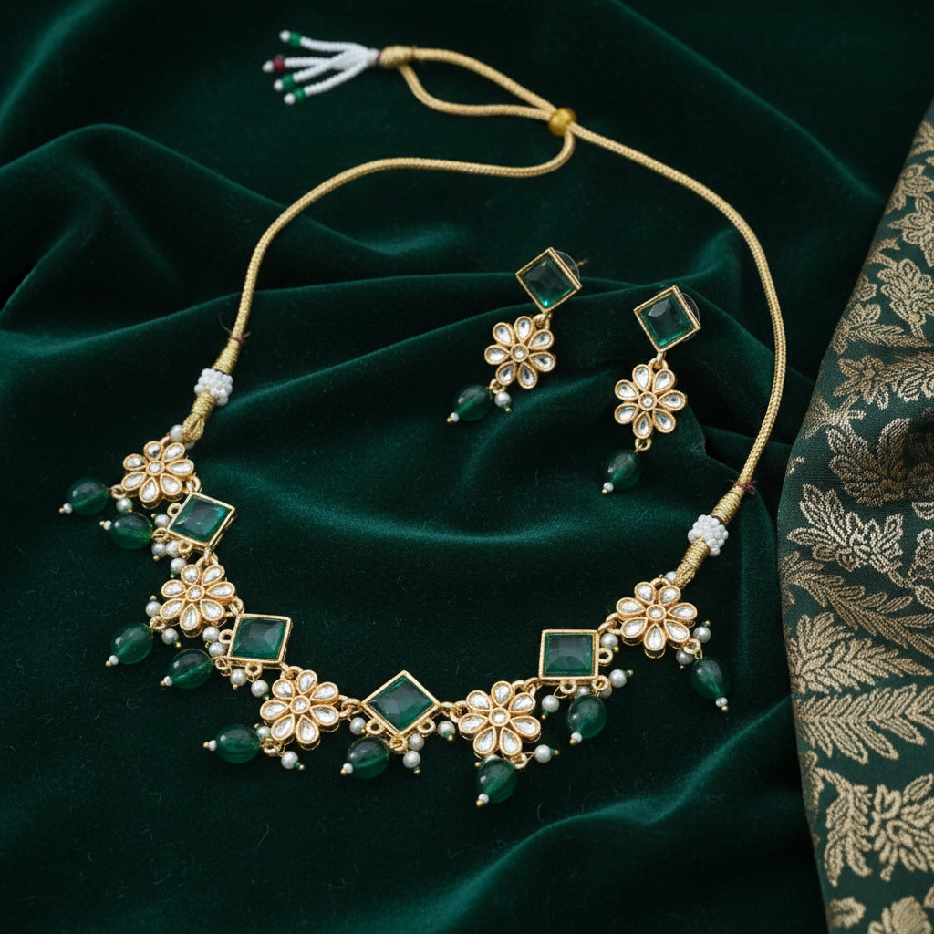 Emerald Blossom Kundan Necklace Set