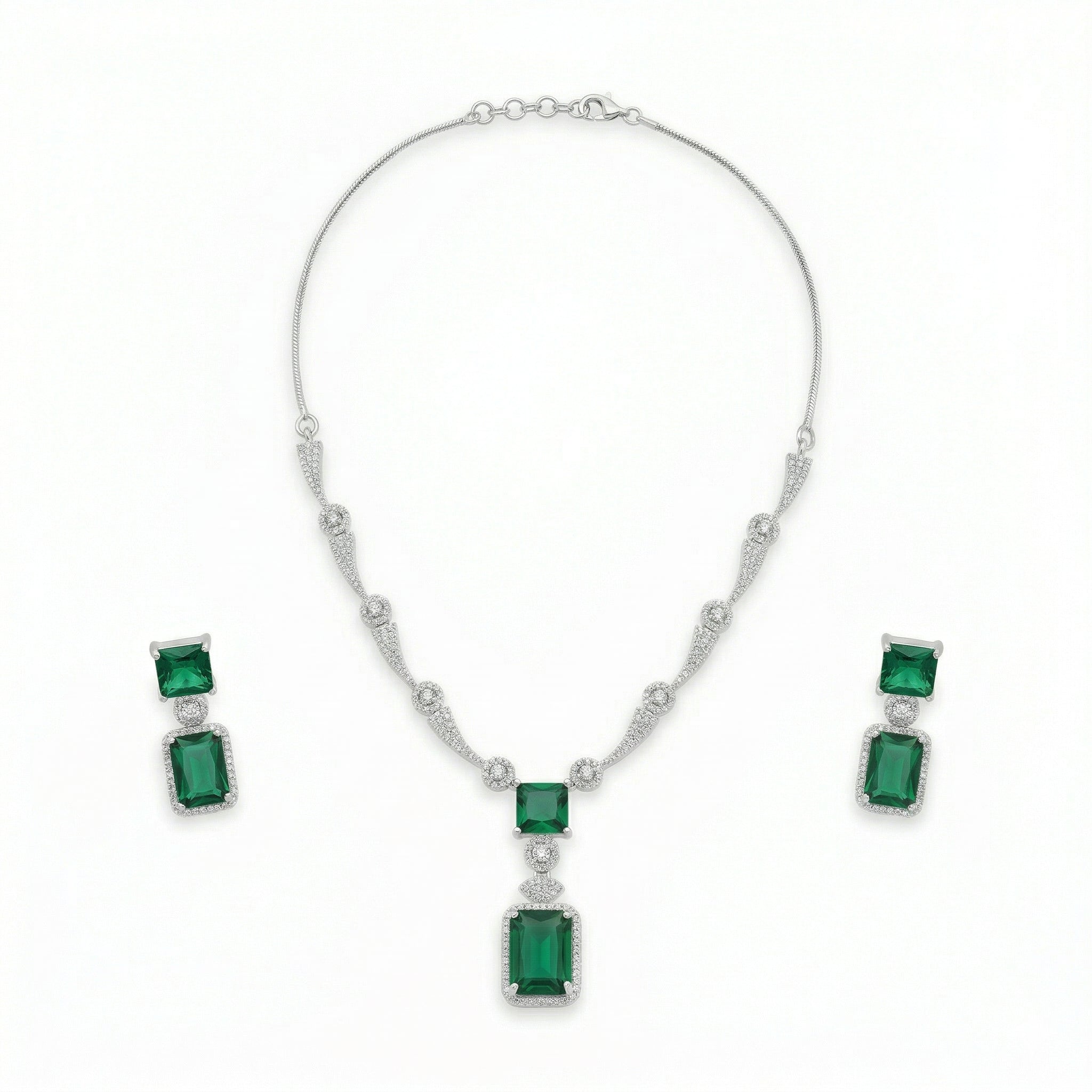 Regal Geometry American Diamond Necklace Set (Rhodium Plated)