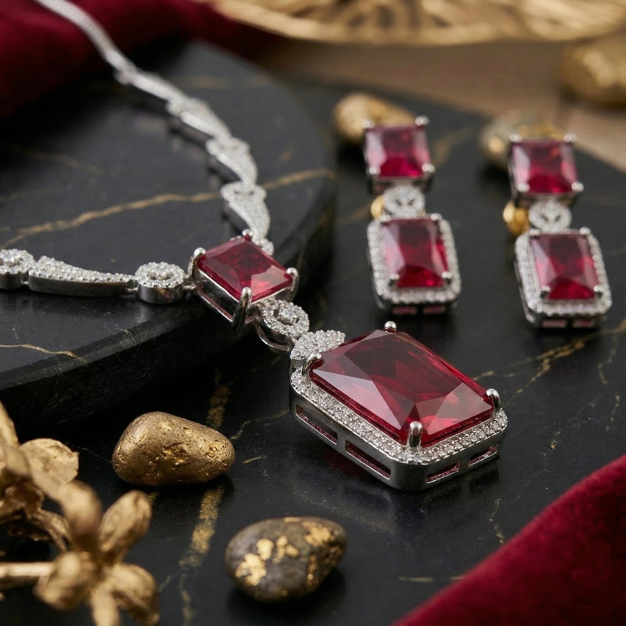 Regal Geometry American Diamond Necklace Set (Rhodium Plated)