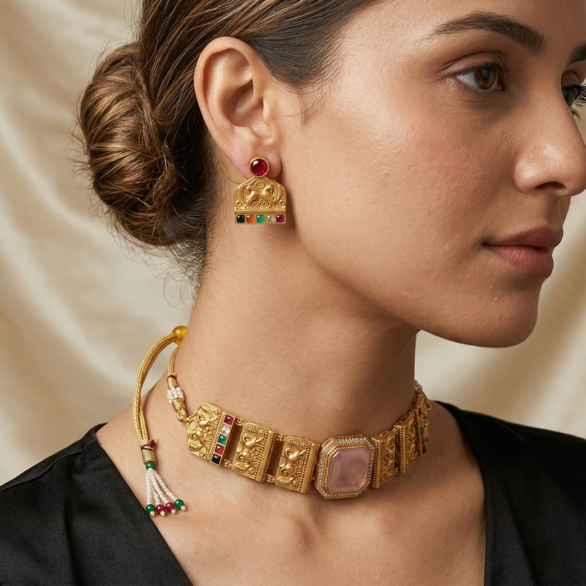Gold Plated Brass Choker Necklace Set with Natural Russian Stone & Multicolour Semi-Precious Stones | Mughal-Inspired Heritage Jewellery Set for Women