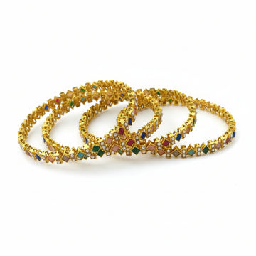 Gold Plated Alloy Bangle Set of 4 with Multicolour Square Stones & Seed Pearls | Navratna-Inspired Traditional Indian Bangles for Women