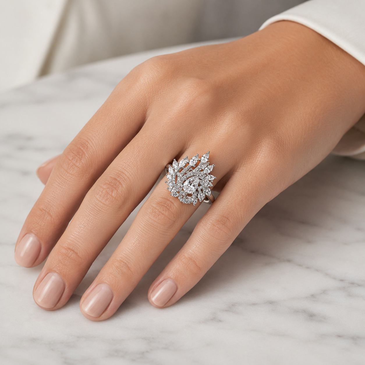 AAA American Diamond Halo Cocktail Brass Ring| Statement Solitaire Finger Ring