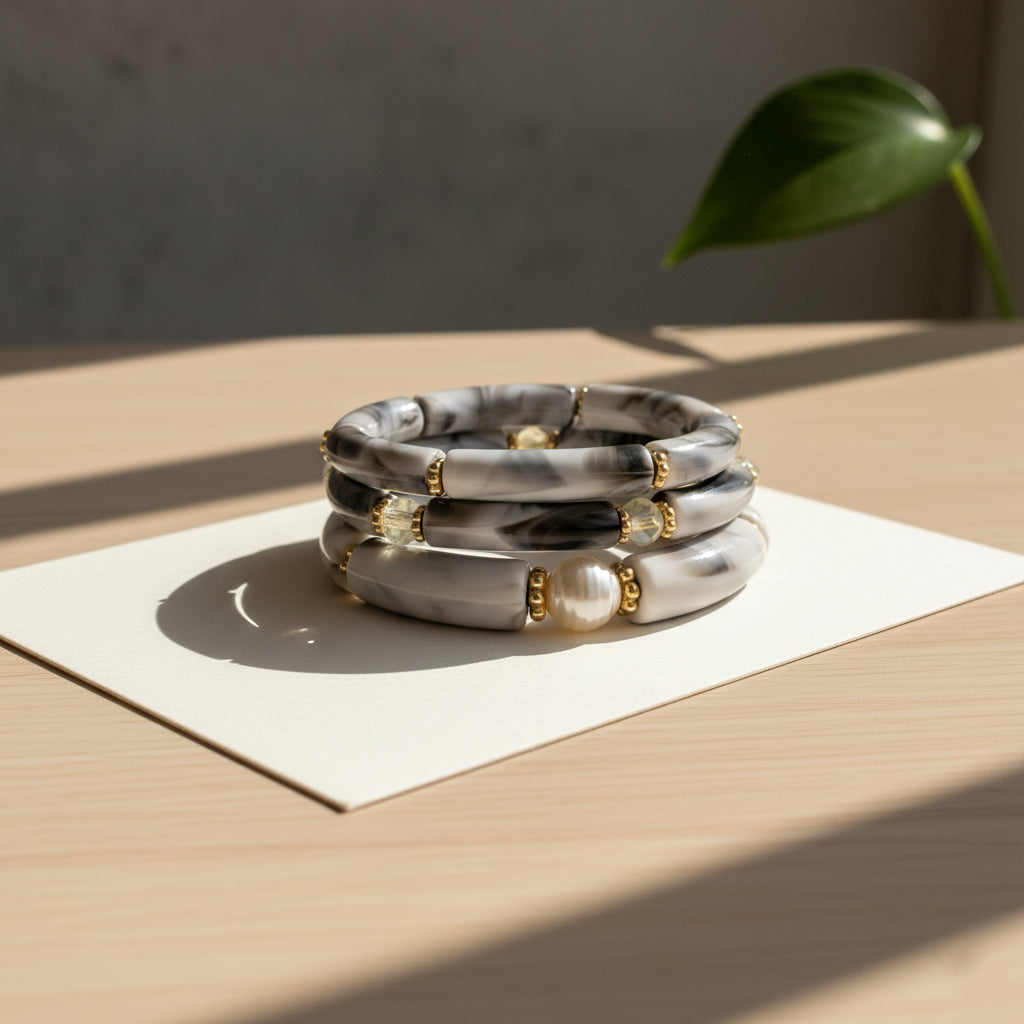 Marble Muse – Acrylic Pearl Accent Bangle Set (Free Size)