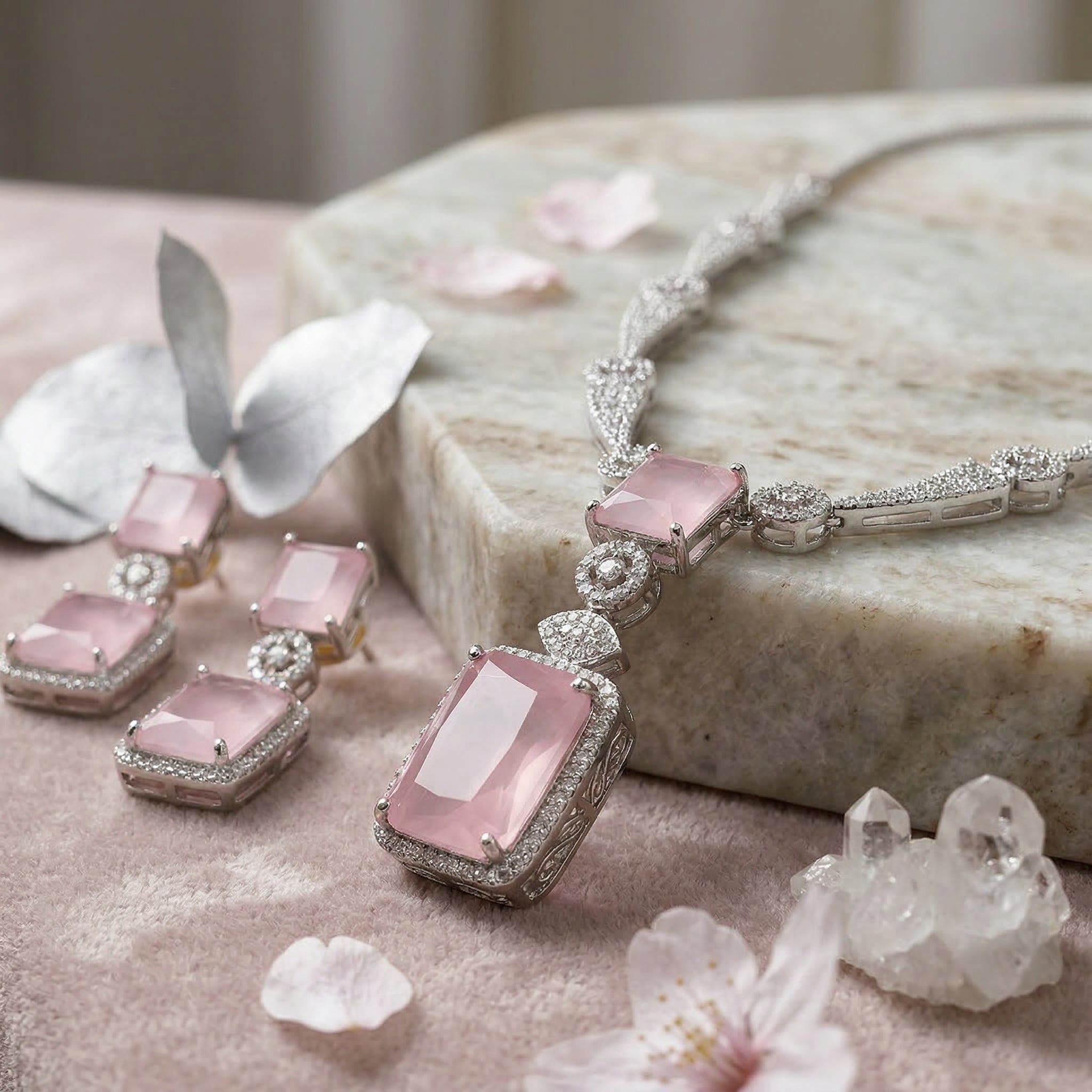 Regal Geometry American Diamond Necklace Set (Rhodium Plated)