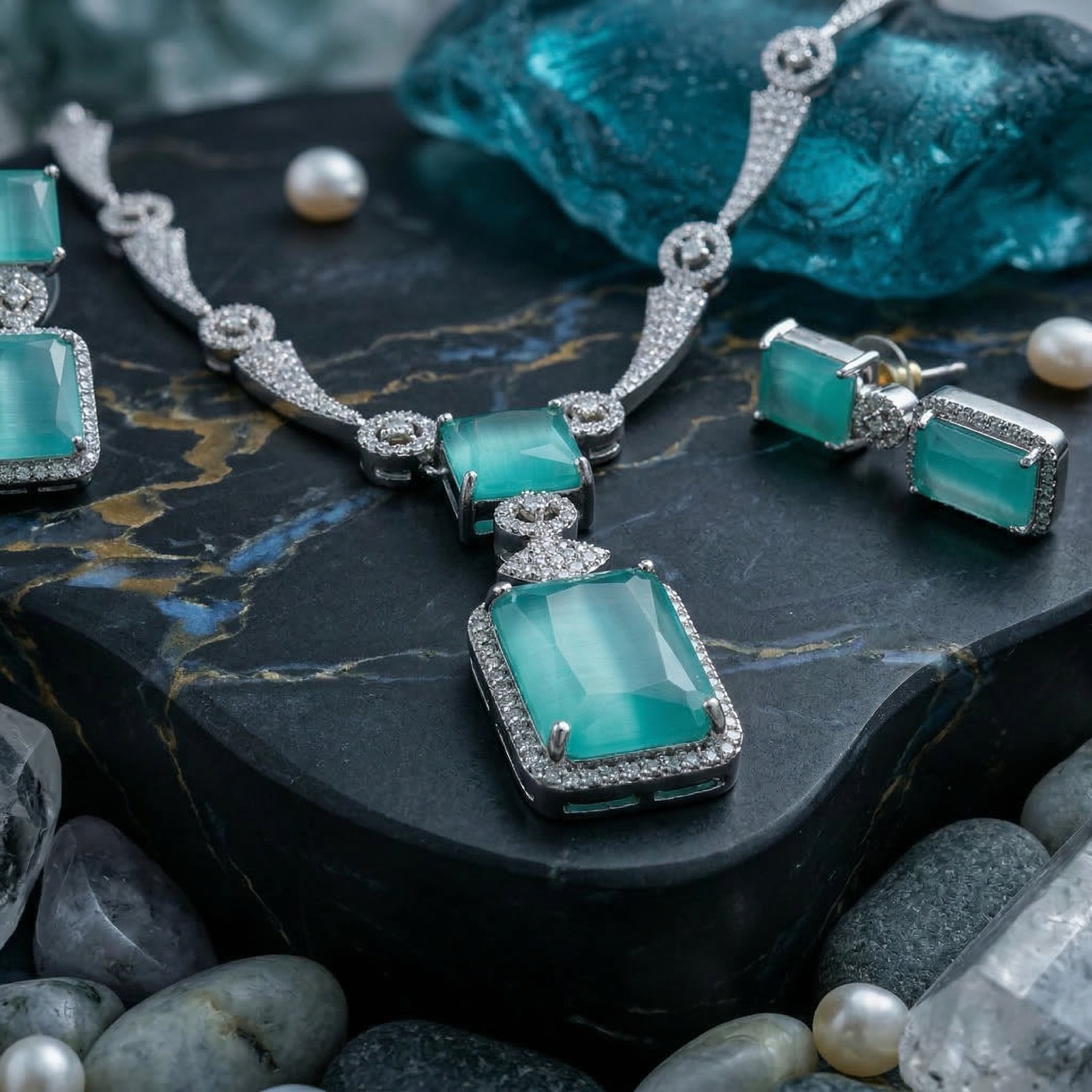 Regal Geometry American Diamond Necklace Set (Rhodium Plated)