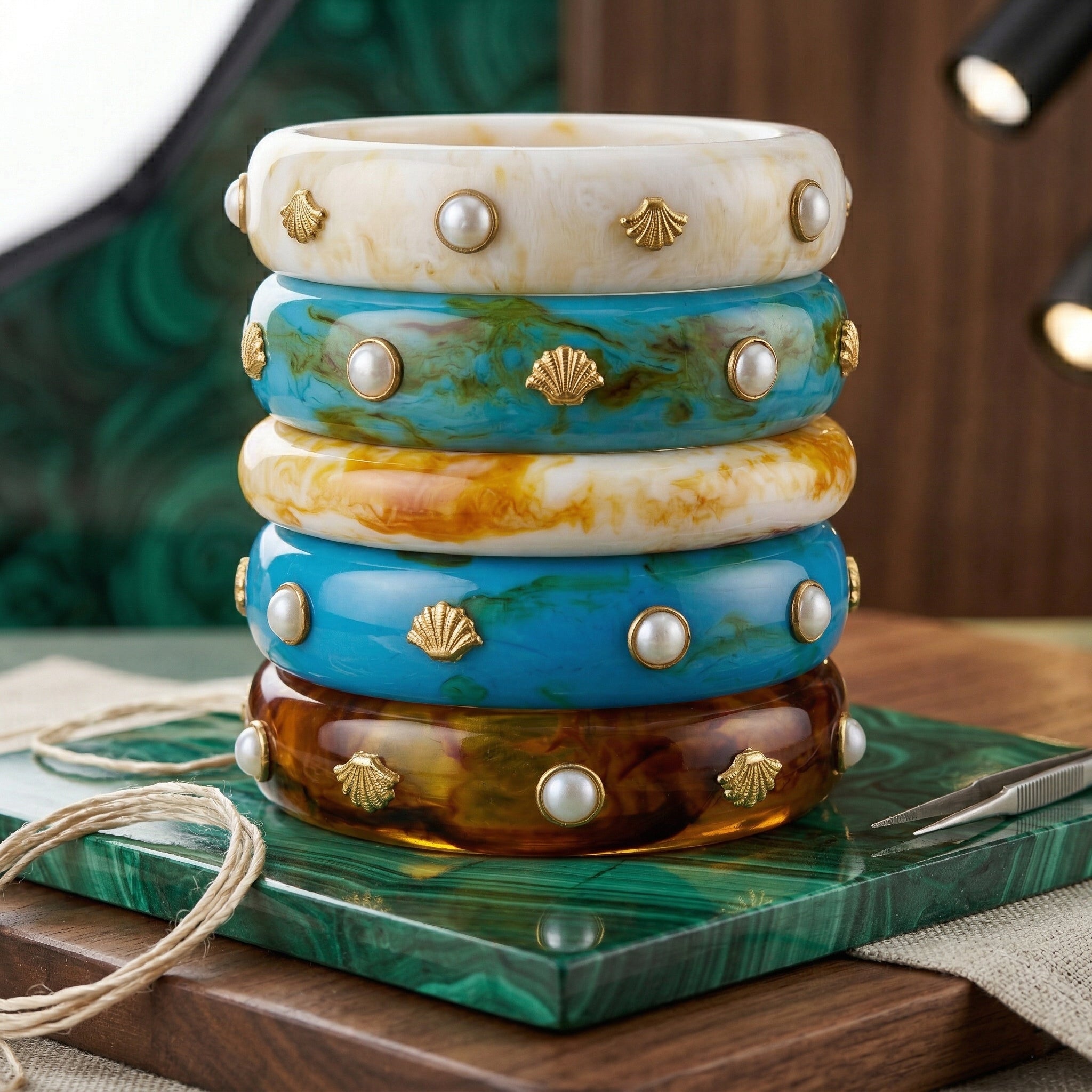 Resin Bangle Stack of 5 with Gold-Tone Seashell Charms & Faux Pearl Studs | Coastal Boho Bracelet Set for Women — Teal, White, Tortoiseshell, Peach & Sky Blue