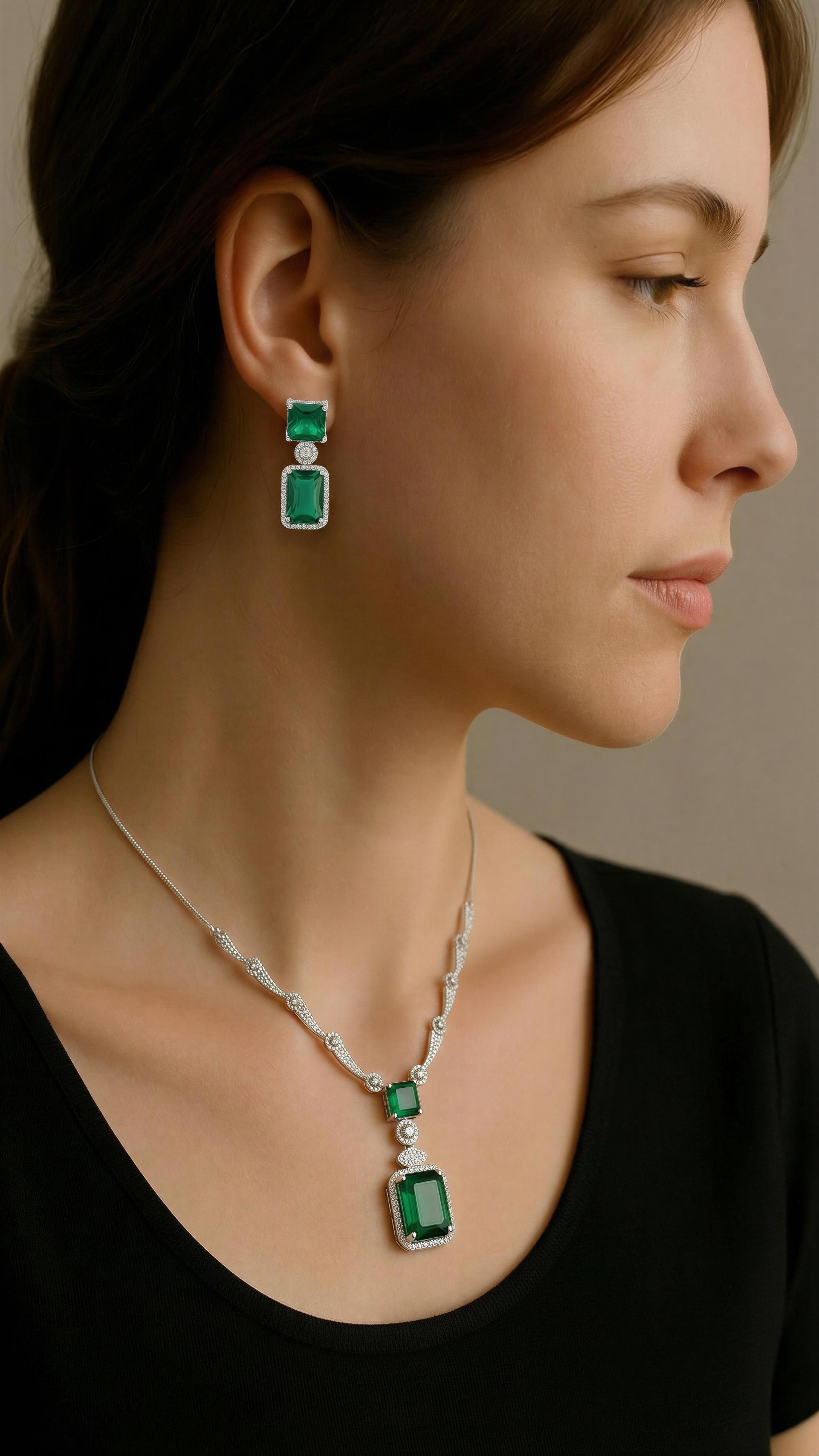 Regal Geometry American Diamond Necklace Set (Rhodium Plated)