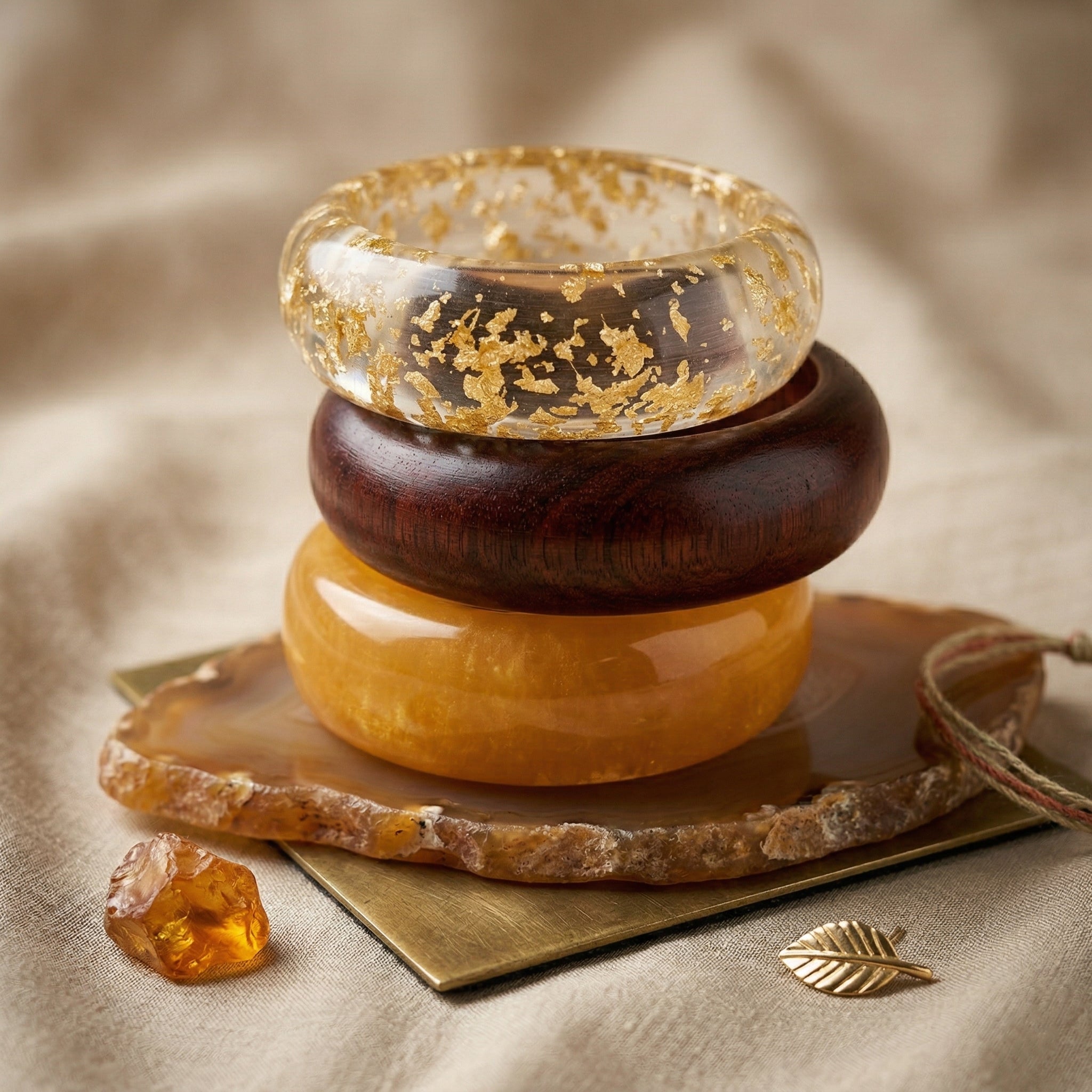 Gold Glitter Resin, Sheesham Wood & Yellow Marble Resin Bangle Stack | Earthy Boho-Luxe Mixed-Material Bracelet Set of 3 for Women