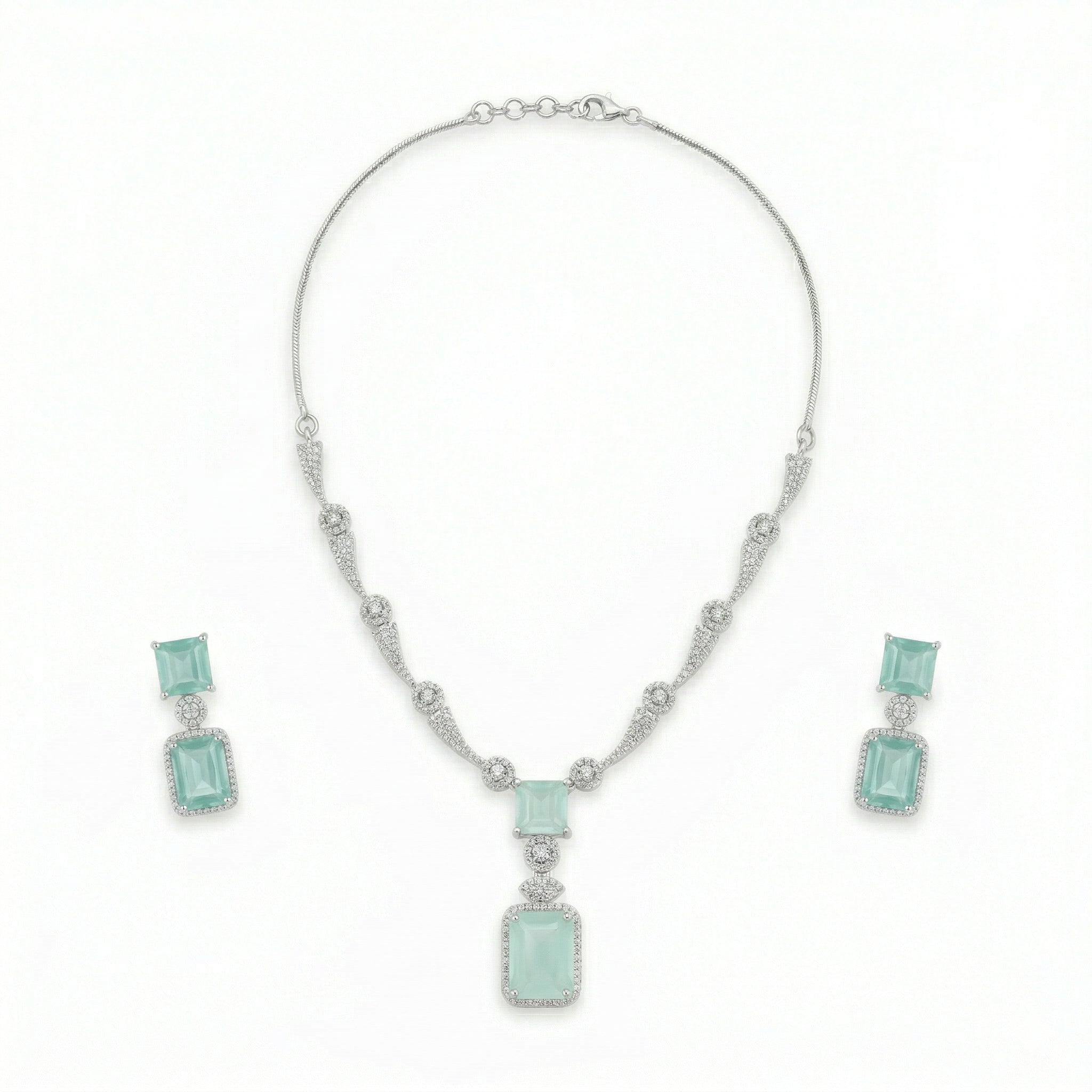 Regal Geometry American Diamond Necklace Set (Rhodium Plated)