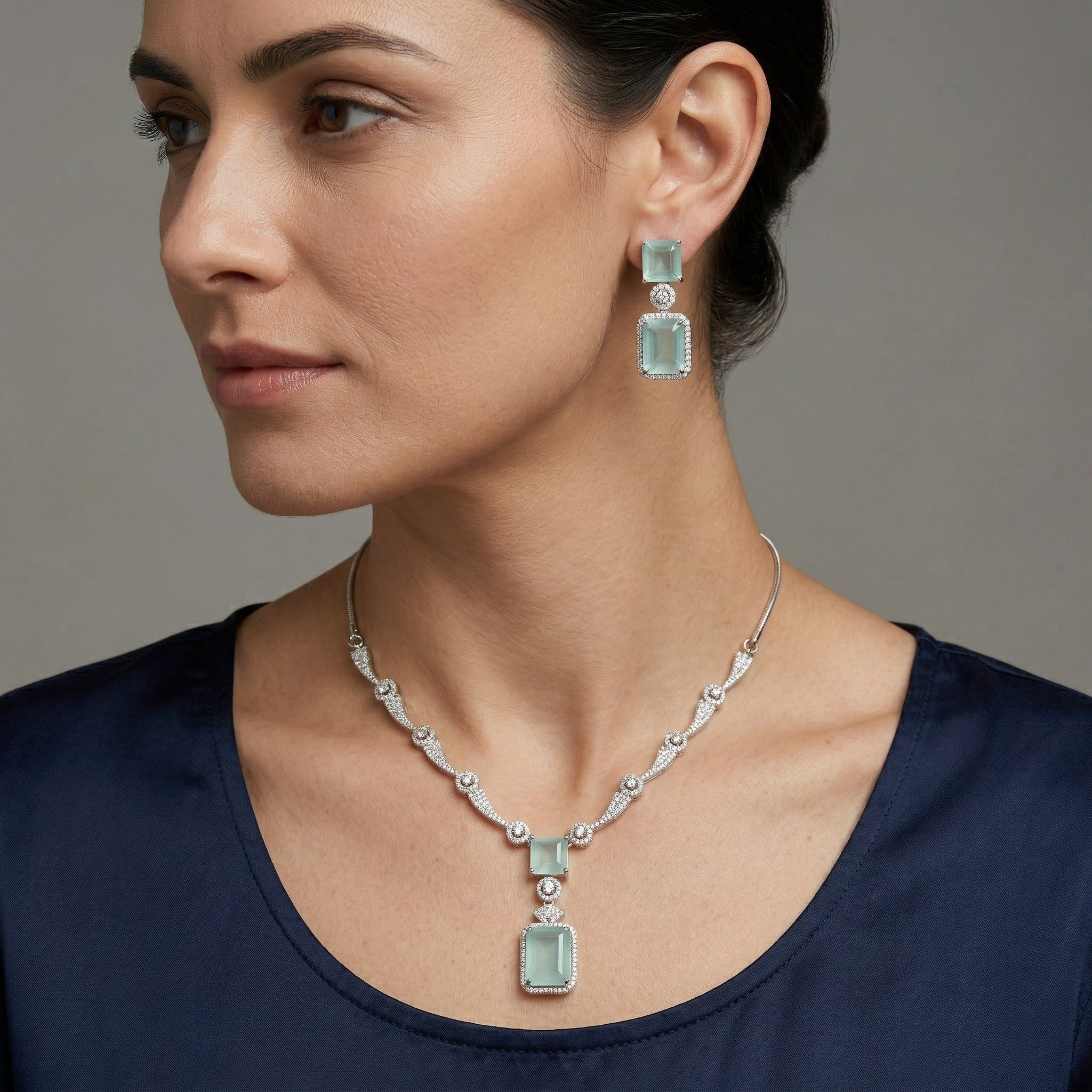 Regal Geometry American Diamond Necklace Set (Rhodium Plated)