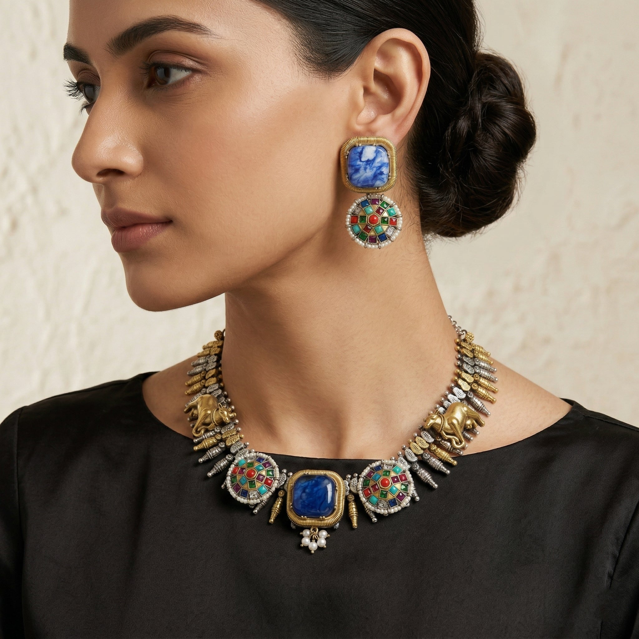 Imperial Mosaic Dual-Tone Necklace Set with Natural Stones