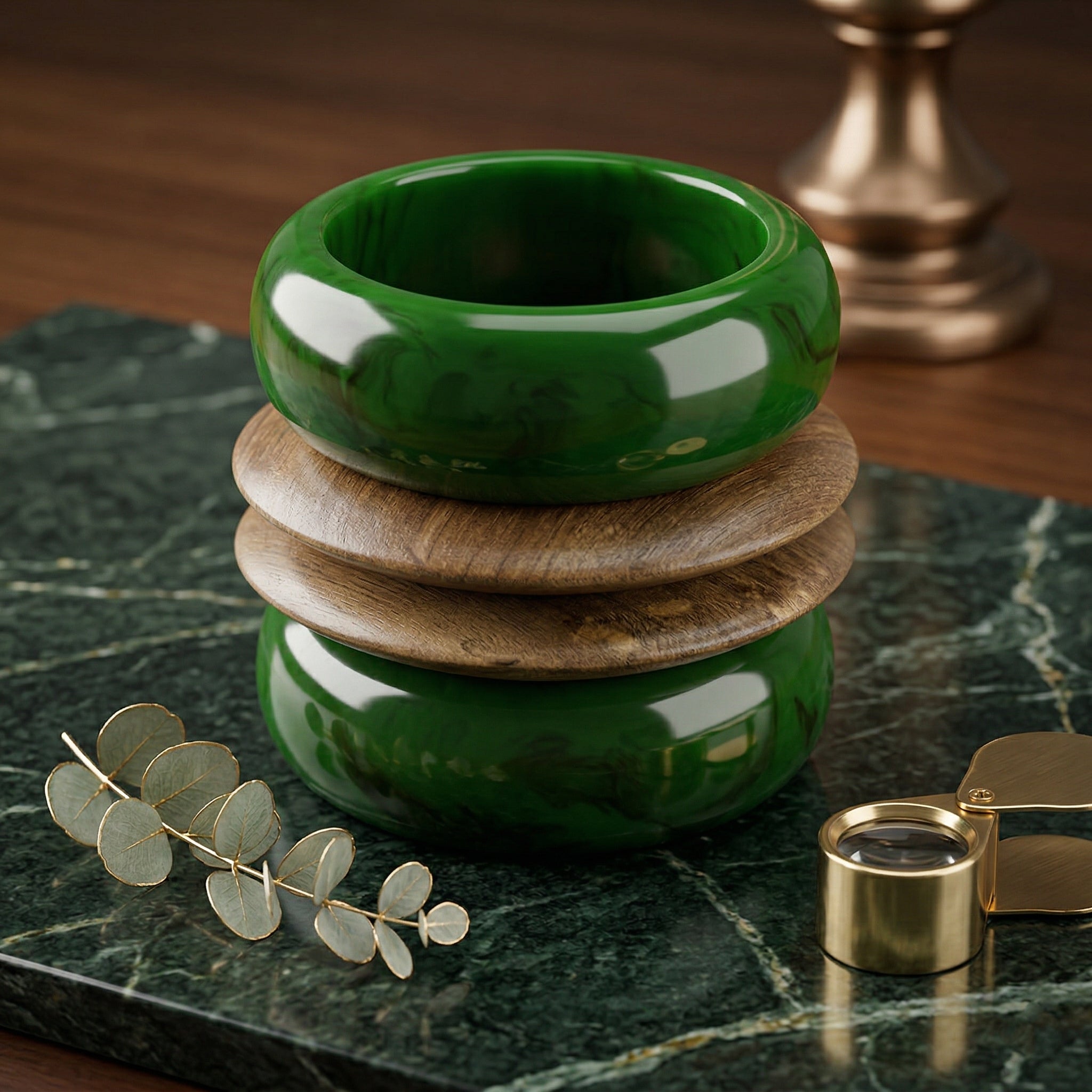 Emerald Green Marble Resin & Gold-Painted Sheesham Wood Bangle Stack | Mixed-Material Boho-Luxe Bracelet Set of 4 for Women