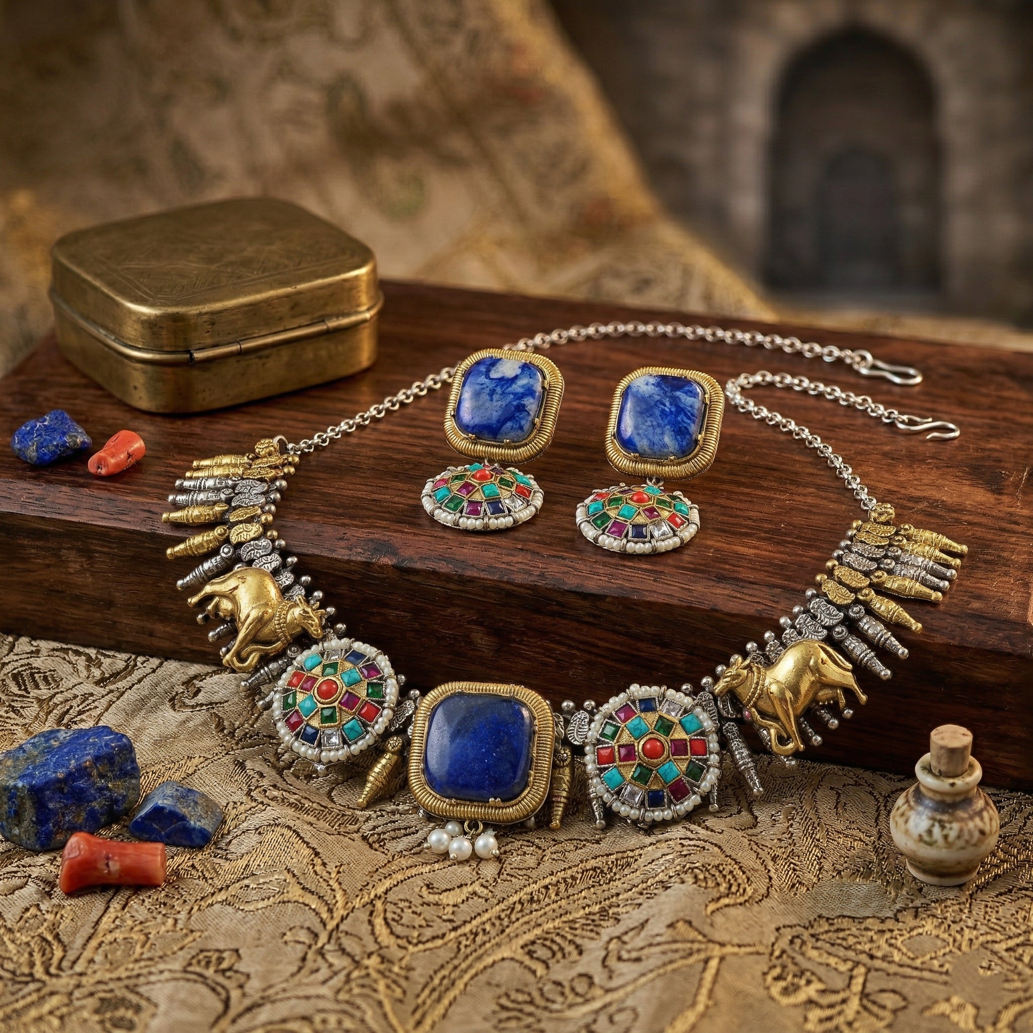Imperial Mosaic Dual-Tone Necklace Set with Natural Stones