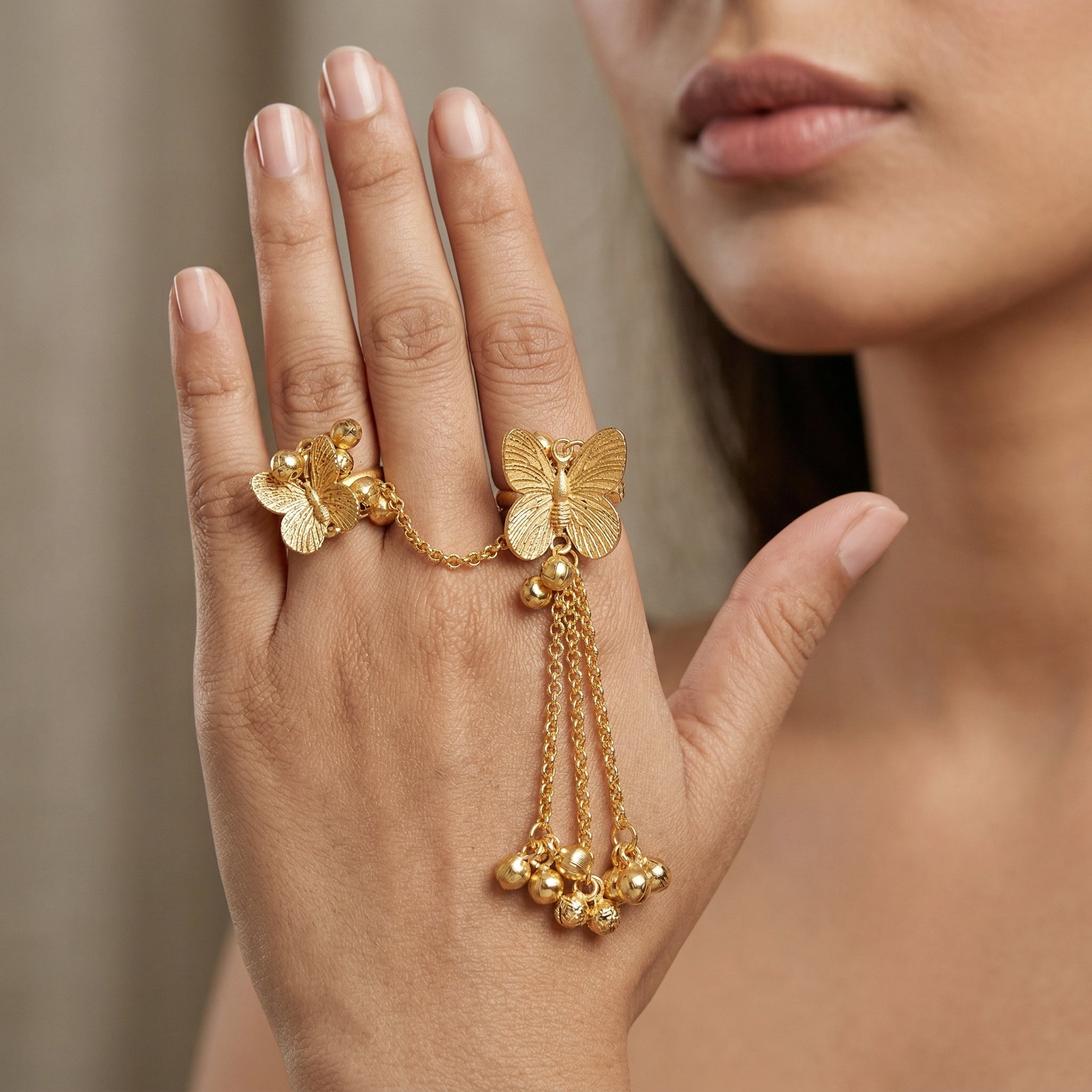 Gold Plated Butterfly Double Finger Ring with Ghungroo Chain Tassels | Brass Statement Ring for Women