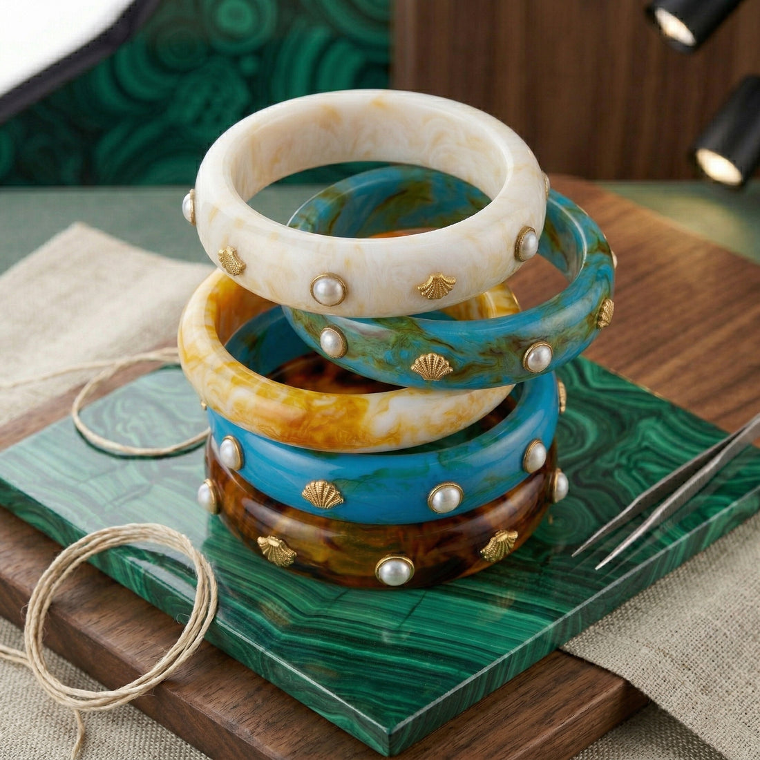 Resin Bangle Stack of 5 with Gold-Tone Seashell Charms & Faux Pearl Studs | Coastal Boho Bracelet Set for Women — Teal, White, Tortoiseshell, Peach & Sky Blue