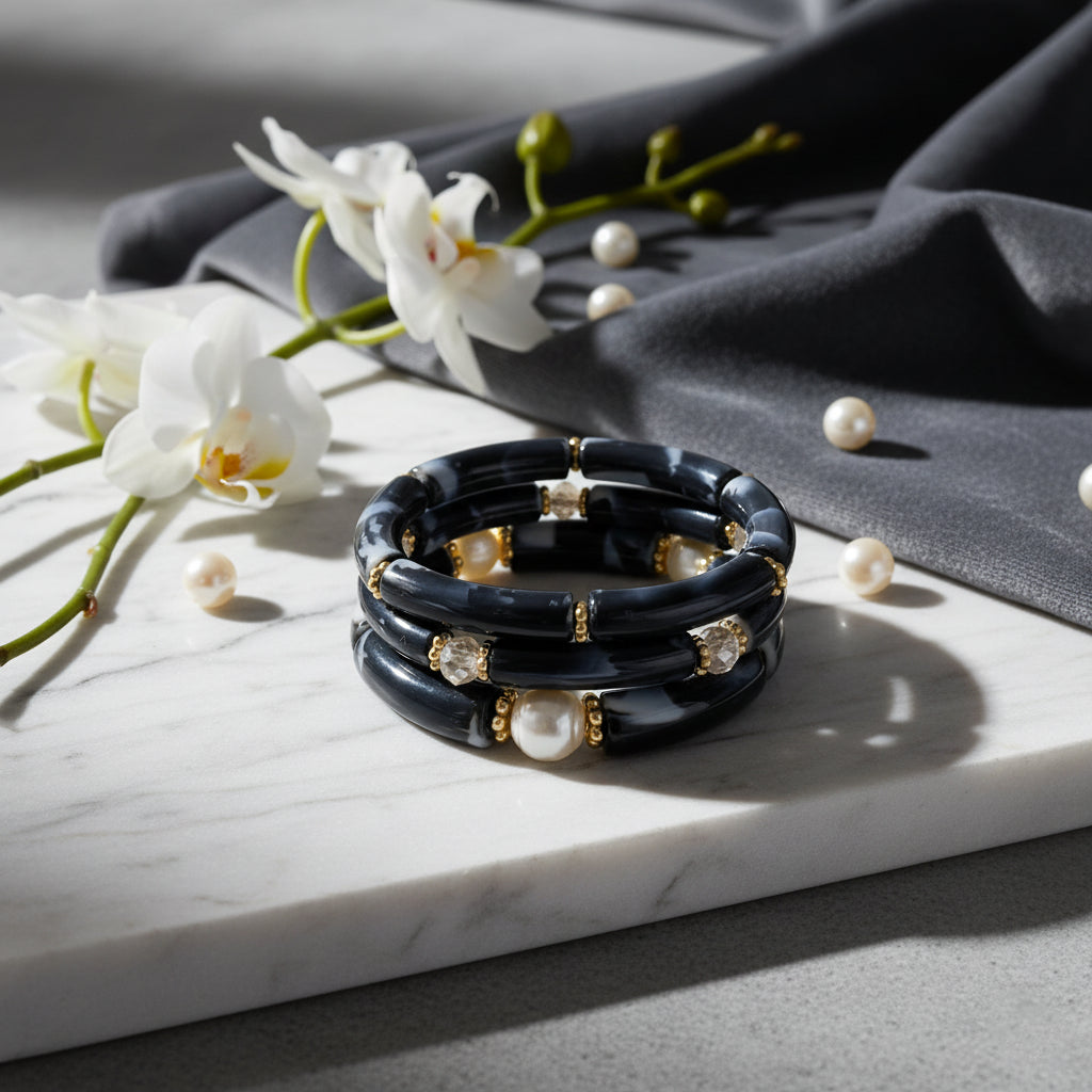 Marble Muse – Acrylic Pearl Accent Bangle Set (Free Size)