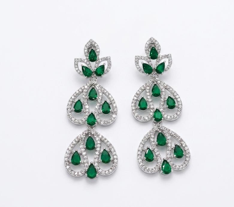 Green AAA American Diamond Statement Necklace & Earrings Set | Brass Rhodium Plated | Feather Swirl Collar | Bridal Wedding Jewellery