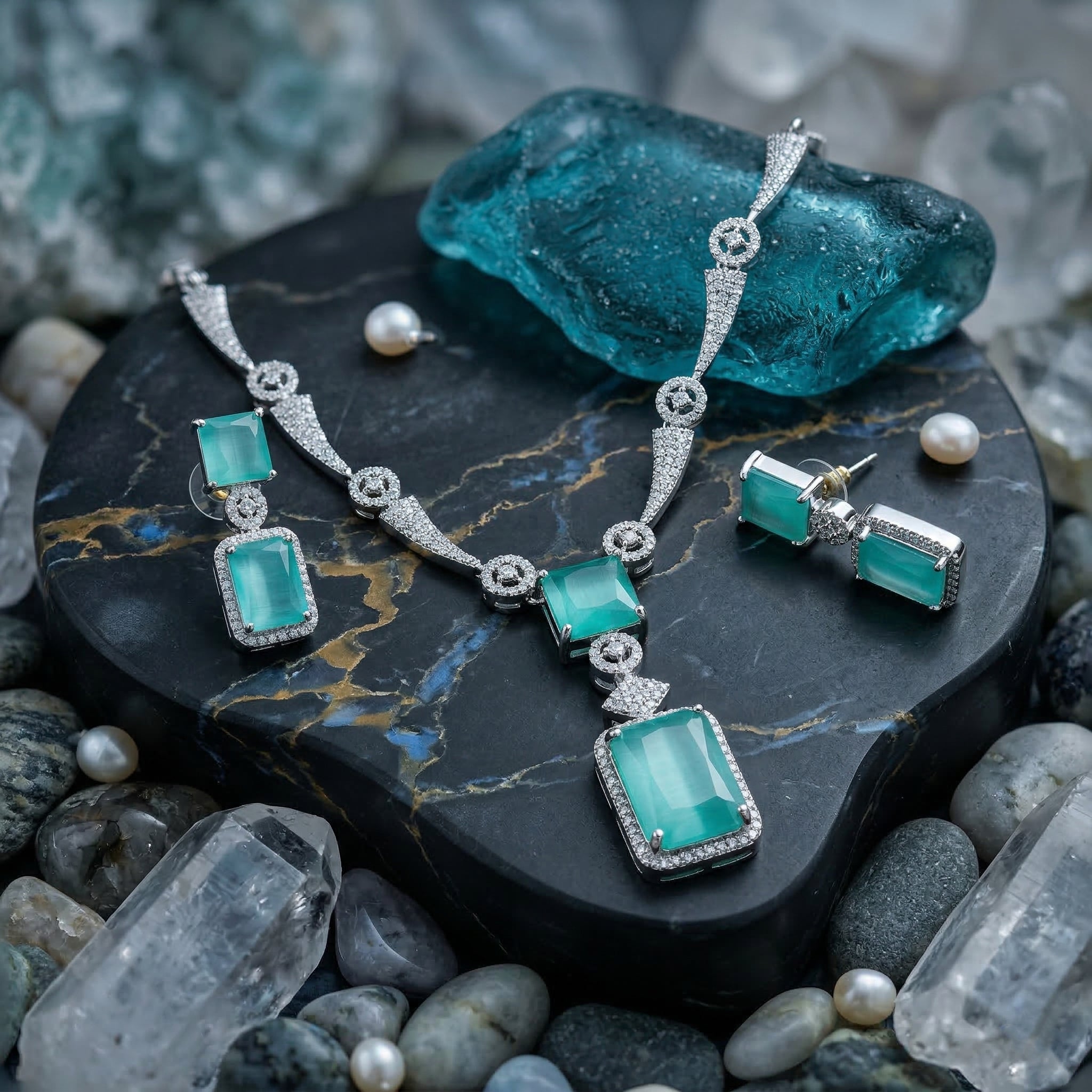 Regal Geometry American Diamond Necklace Set (Rhodium Plated)