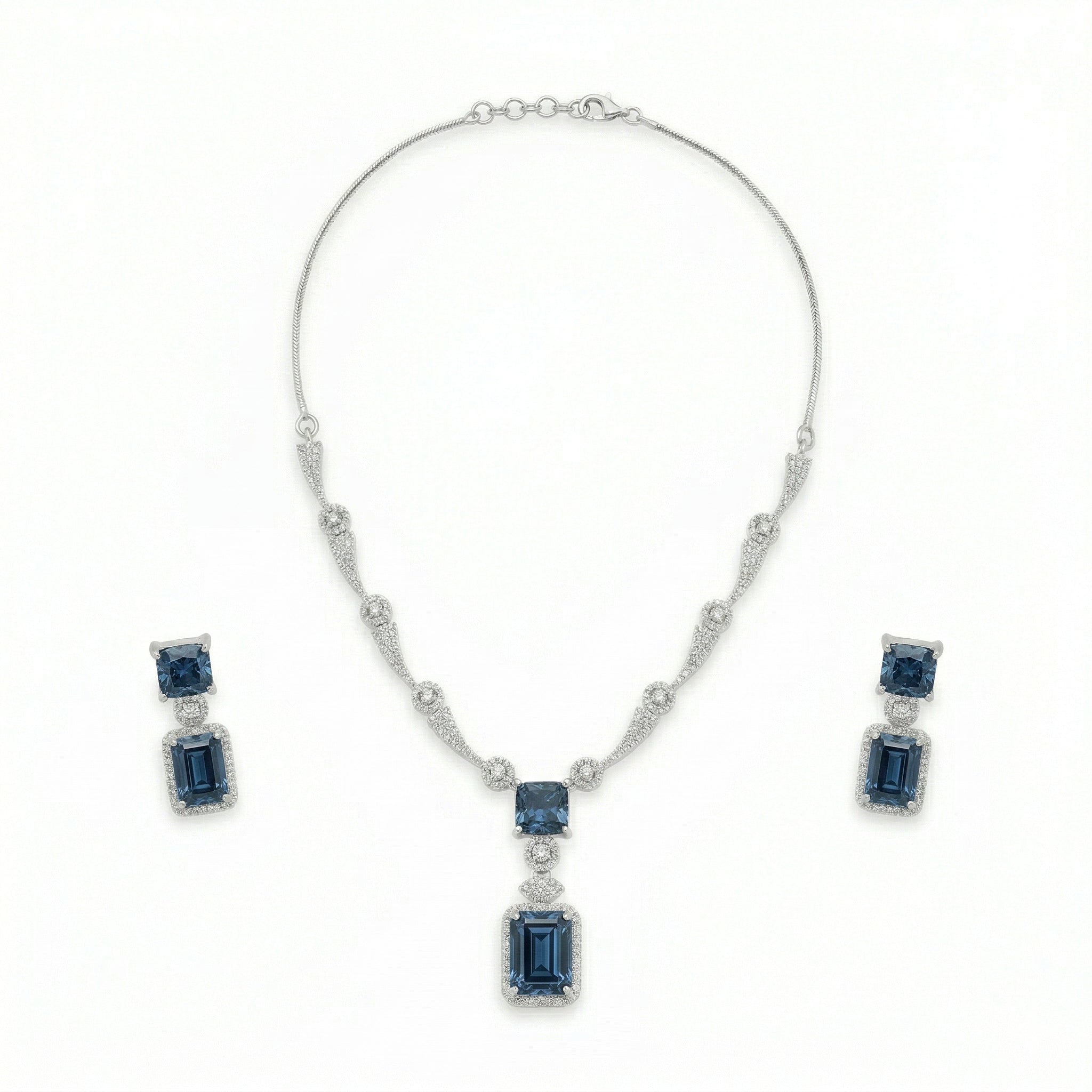 Regal Geometry American Diamond Necklace Set (Rhodium Plated)