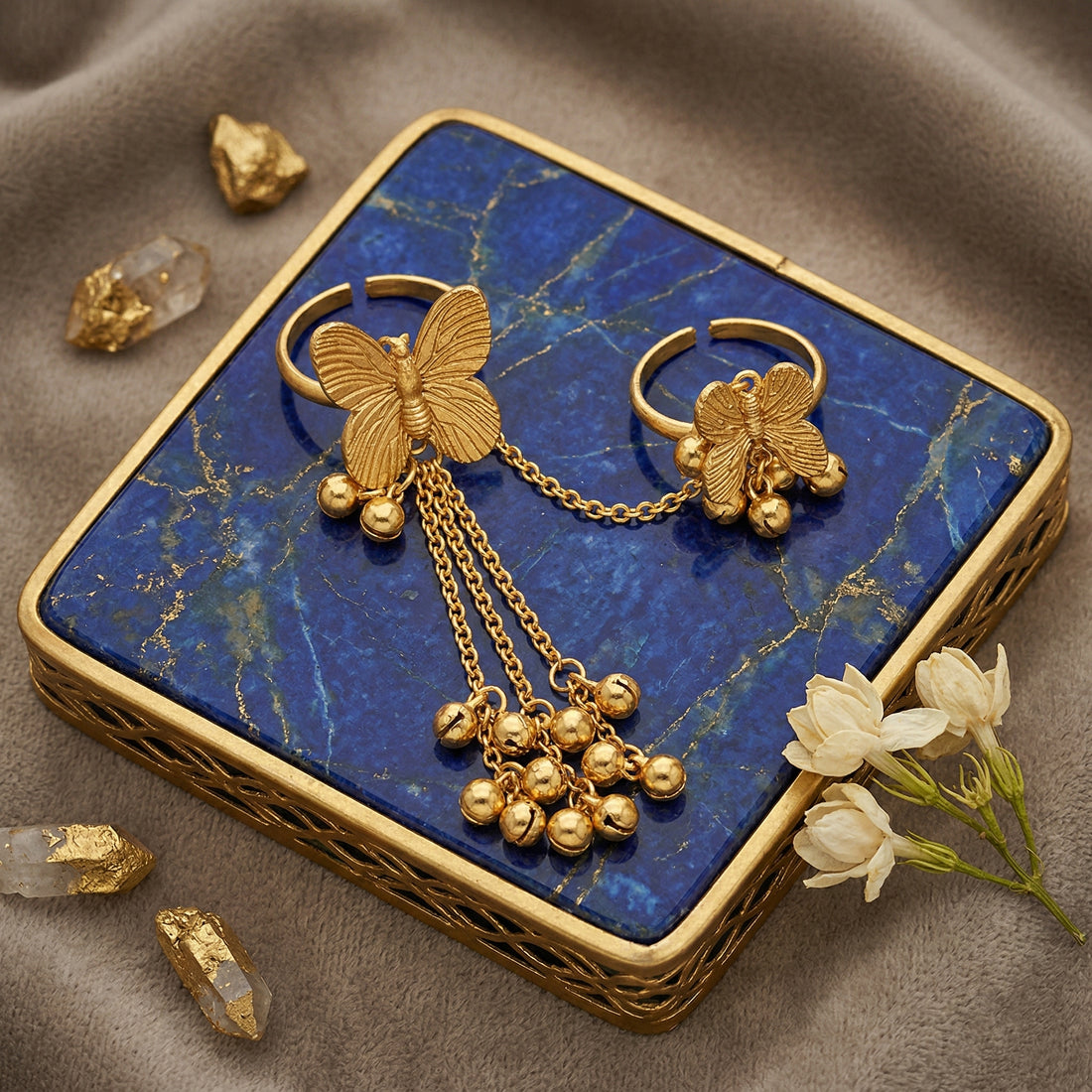 Gold Plated Butterfly Double Finger Ring with Ghungroo Chain Tassels | Brass Statement Ring for Women
